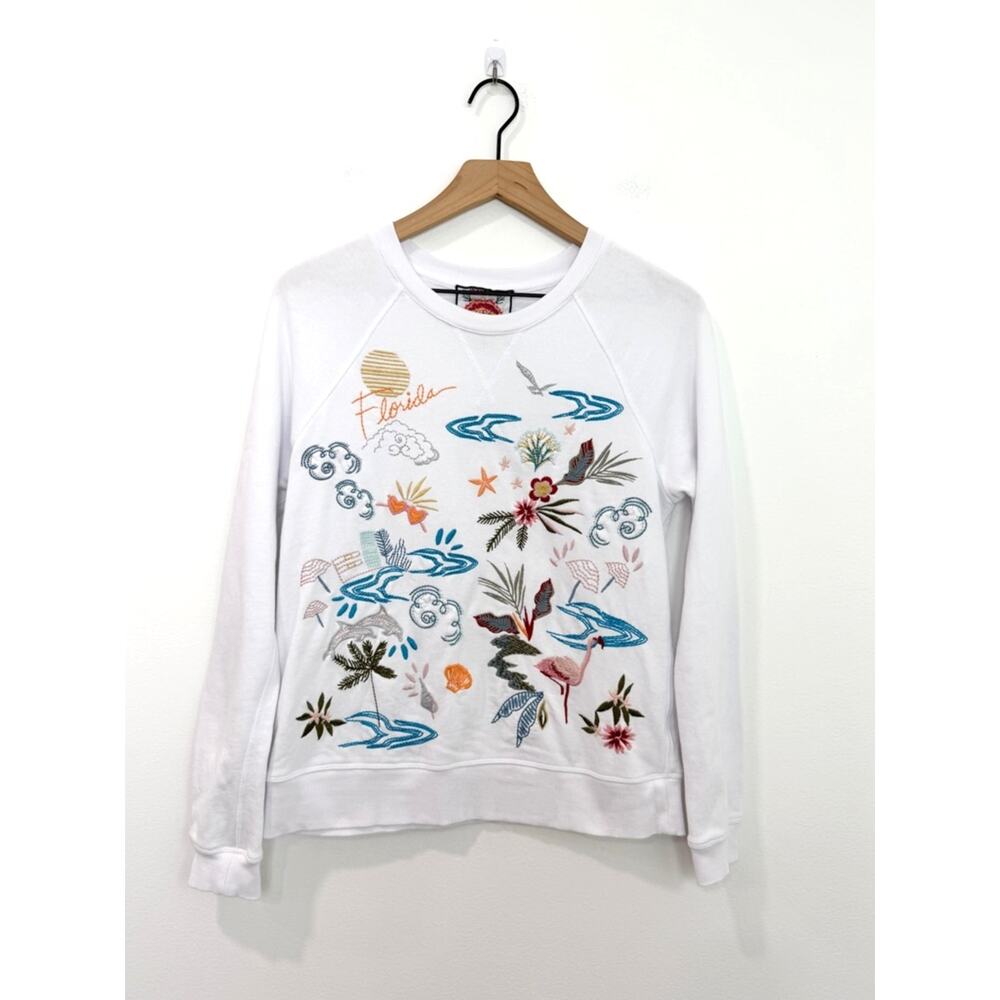 Johnny Was Florida Embroidered Raglan Sweatshirt White XS